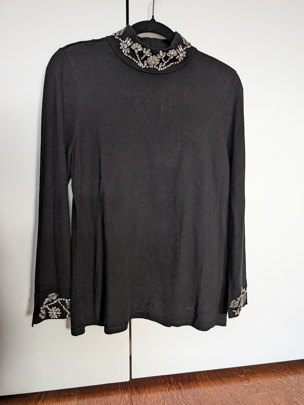 Chico's Black Long-Sleeve Mock Neck Top with Beaded Trim